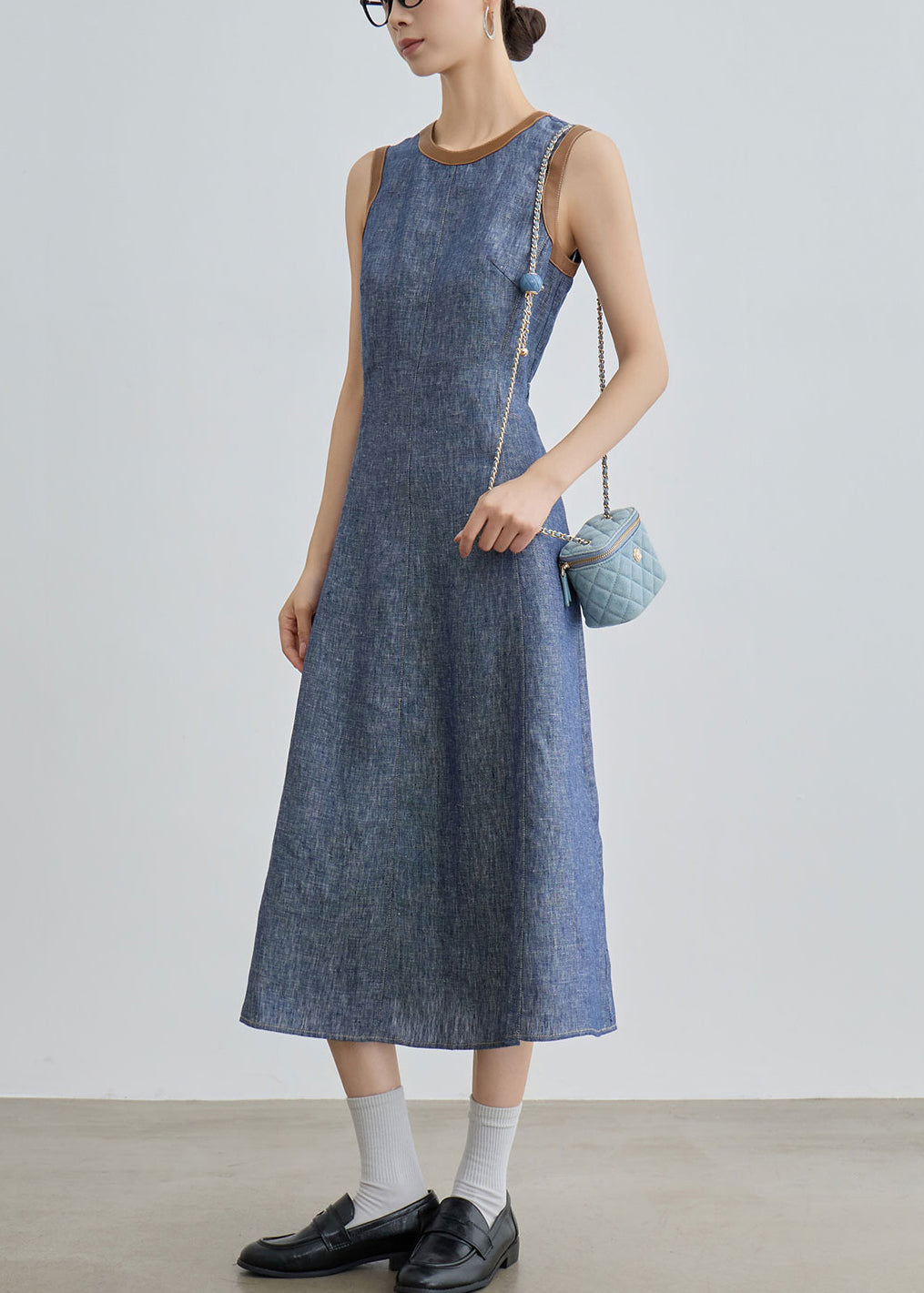 Slim Fit Blue O Neck Pockets Patchwork Denim Long Dress Sleeveless