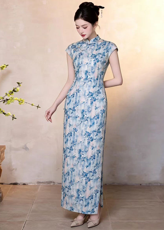 Slim Fit Blue Print Mandarin Collar Chinese Buttons Dresses Sleeveless