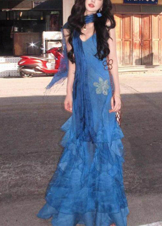 Slim Fit Blue Print Ruffled Tulle Long Spaghetti Strap Dress Summer