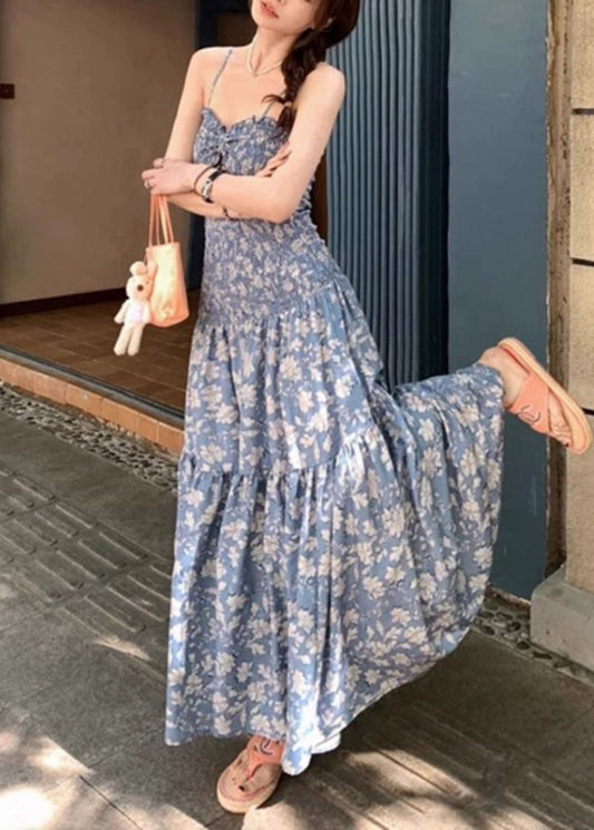 Slim Fit Blue Ruffled Print Hollow Out Cotton Spaghetti Strap Dress Summer