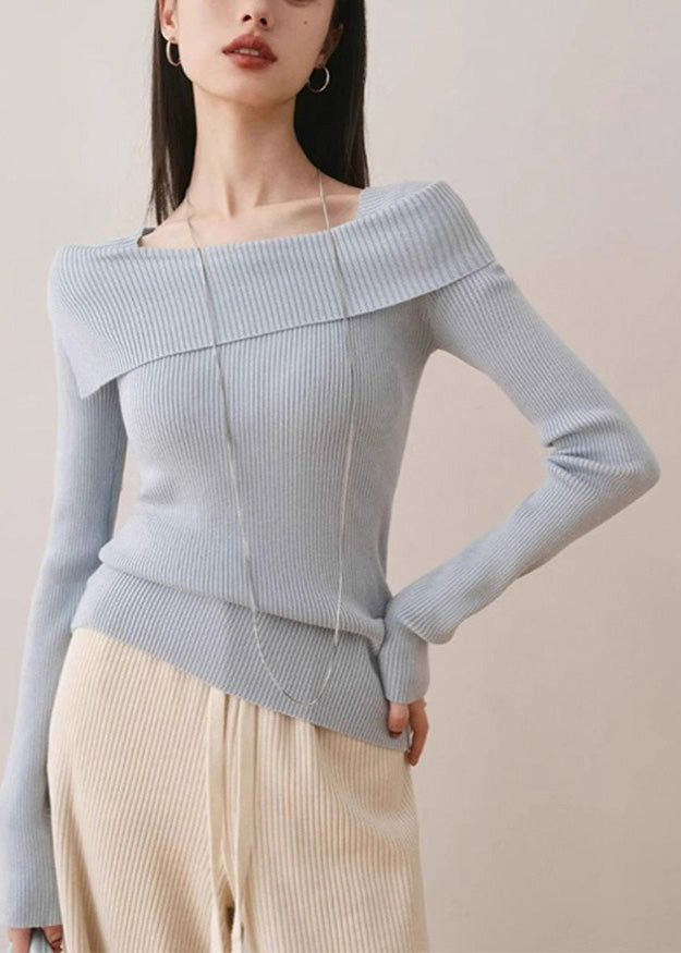Slim Fit Blue Slash Neck Cotton Knit Sweater Spring