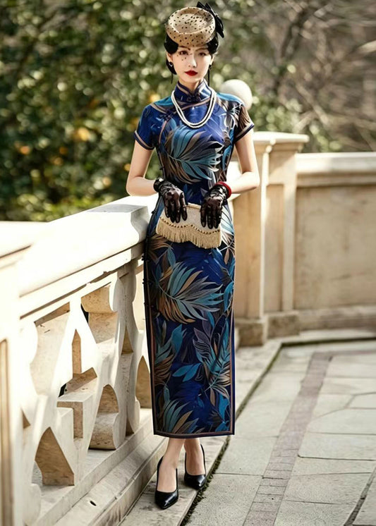 Slim Fit Blue Stand Collar Chinese Buttons Cheongsam Dress Short Sleeve