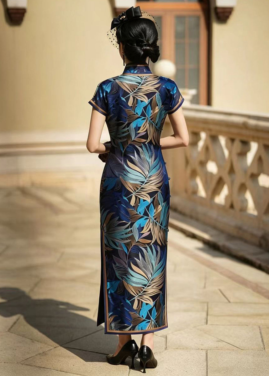 Slim Fit Blue Stand Collar Chinese Buttons Cheongsam Dress Short Sleeve