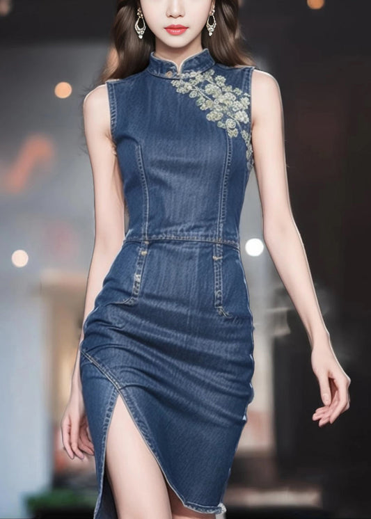 Slim Fit Blue Stand Collar Front Open Denim Dresses Sleeveless