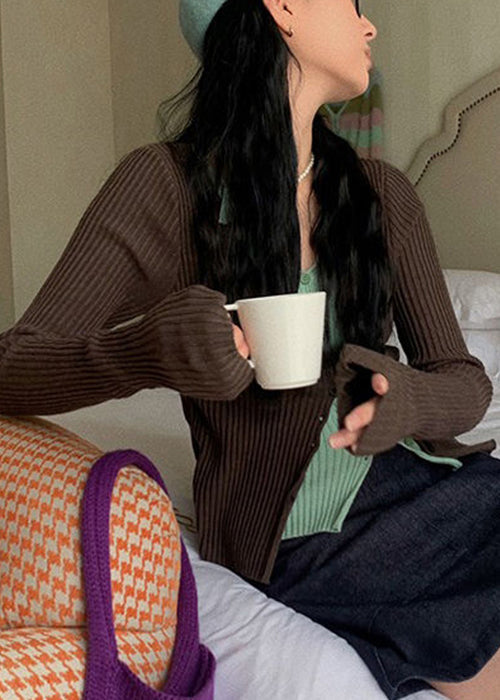 Slim Fit Coffee Button False Two Pieces Patchwork Knit Sweater Spring