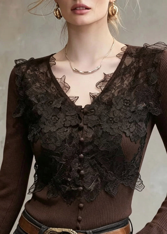 Slim Fit Coffee V Neck Lce Patchwork Cotton Knit Sweater Tops Flare Sleeve