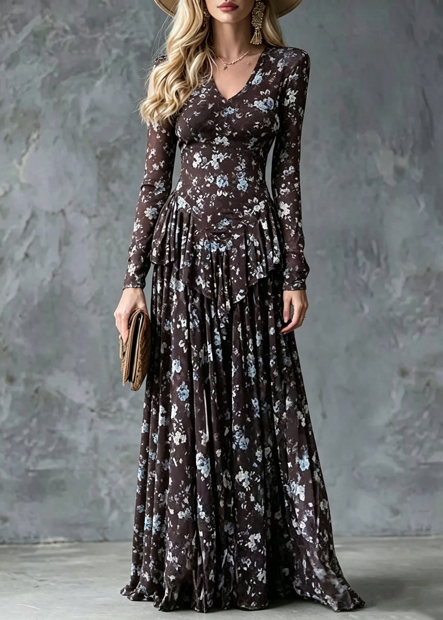 Slim Fit Coffee V Neck Print Tie Waist Long Dress Fall