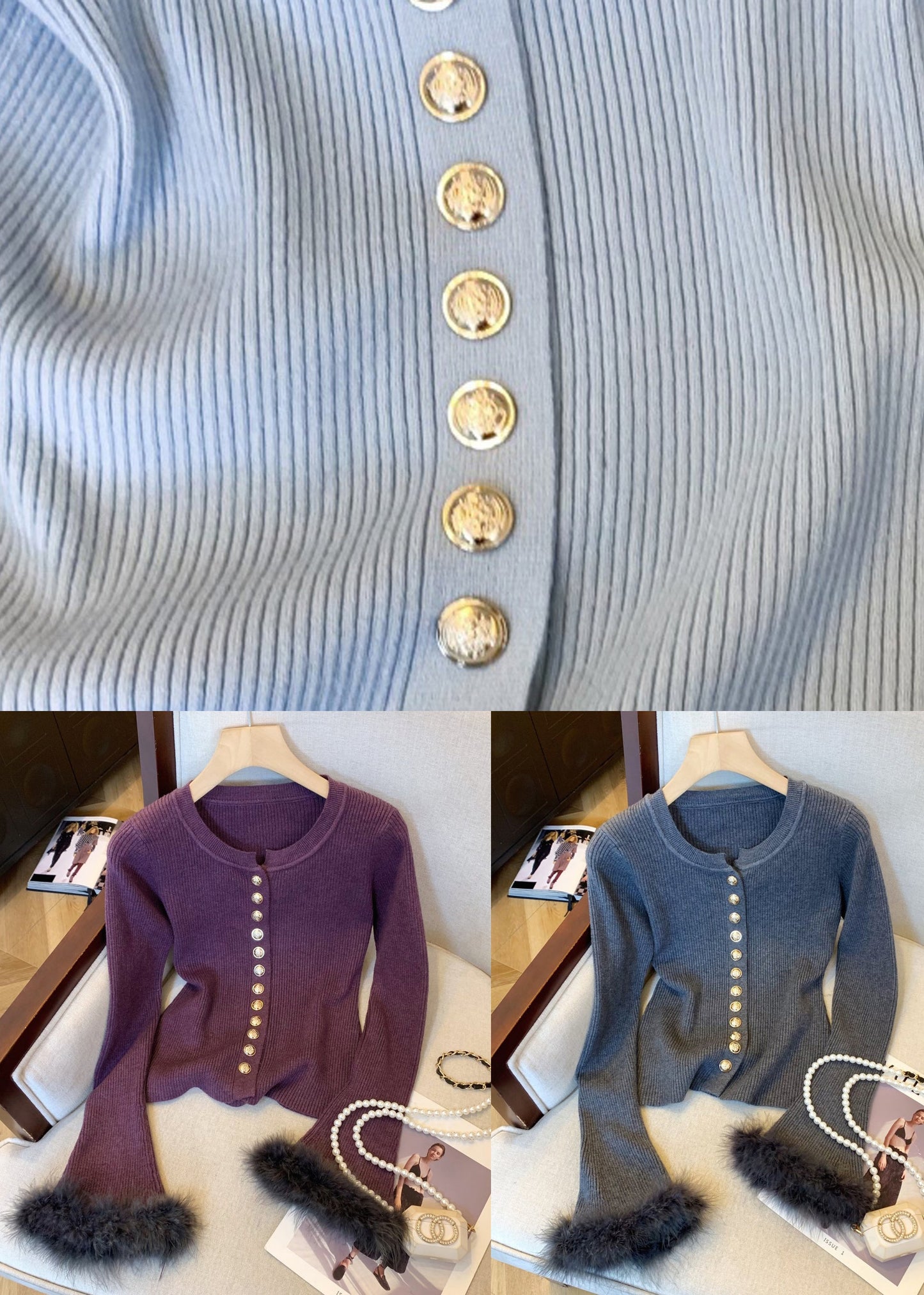 Slim Fit Dark Gray Fluffy Solid Patchwork Knit Sweater Flare Sleeve