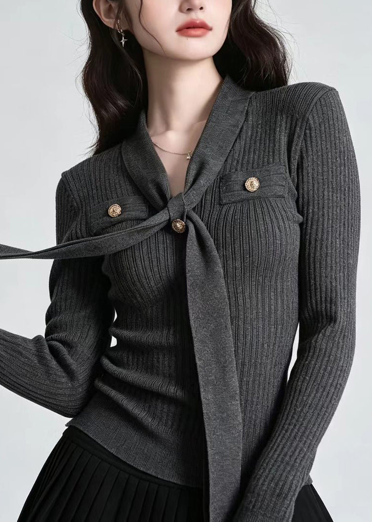 Slim Fit Dark Gray V Neck Tie Knit Top Long sleeve