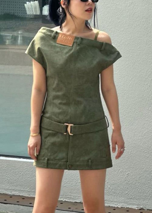 Slim Fit Green Asymmetrical High Waist Denim Mini Dresses Summer