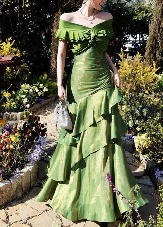Slim Fit Green Asymmetrical Patchwork Long Dress Short Sleeve
