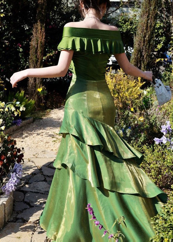 Slim Fit Green Asymmetrical Patchwork Long Dress Short Sleeve
