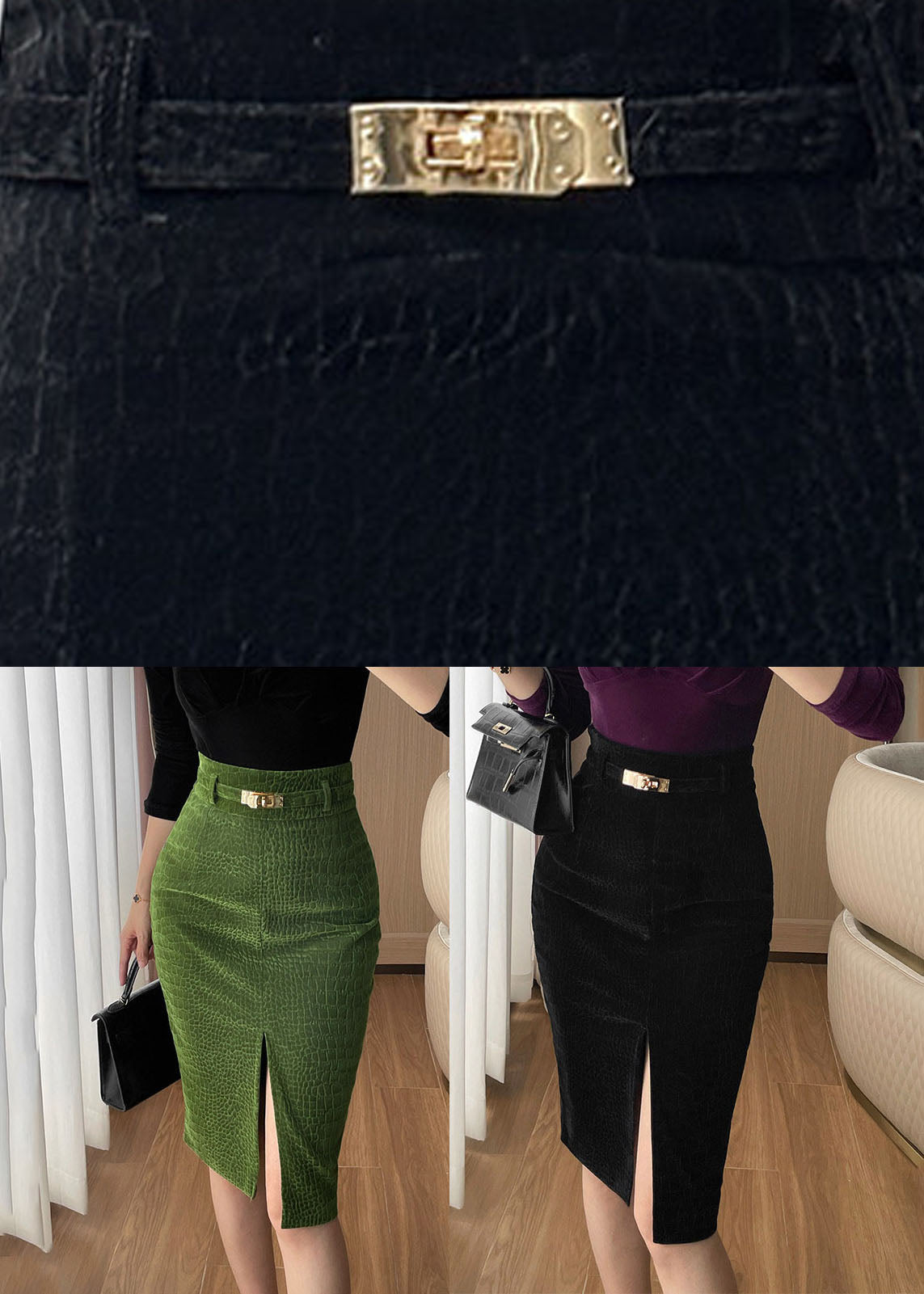 Slim Fit Green High Waist Silk Velvet Skirt Winter
