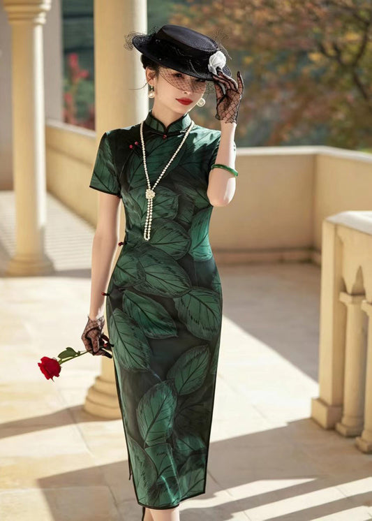 Slim Fit Green Print Stand Collar Chinese Buttons Maxi Dresses Short Sleeve