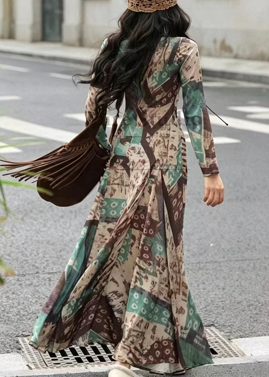 Slim Fit Green V Neck Cross Strap Print Vacation Dresses Long Sleeve