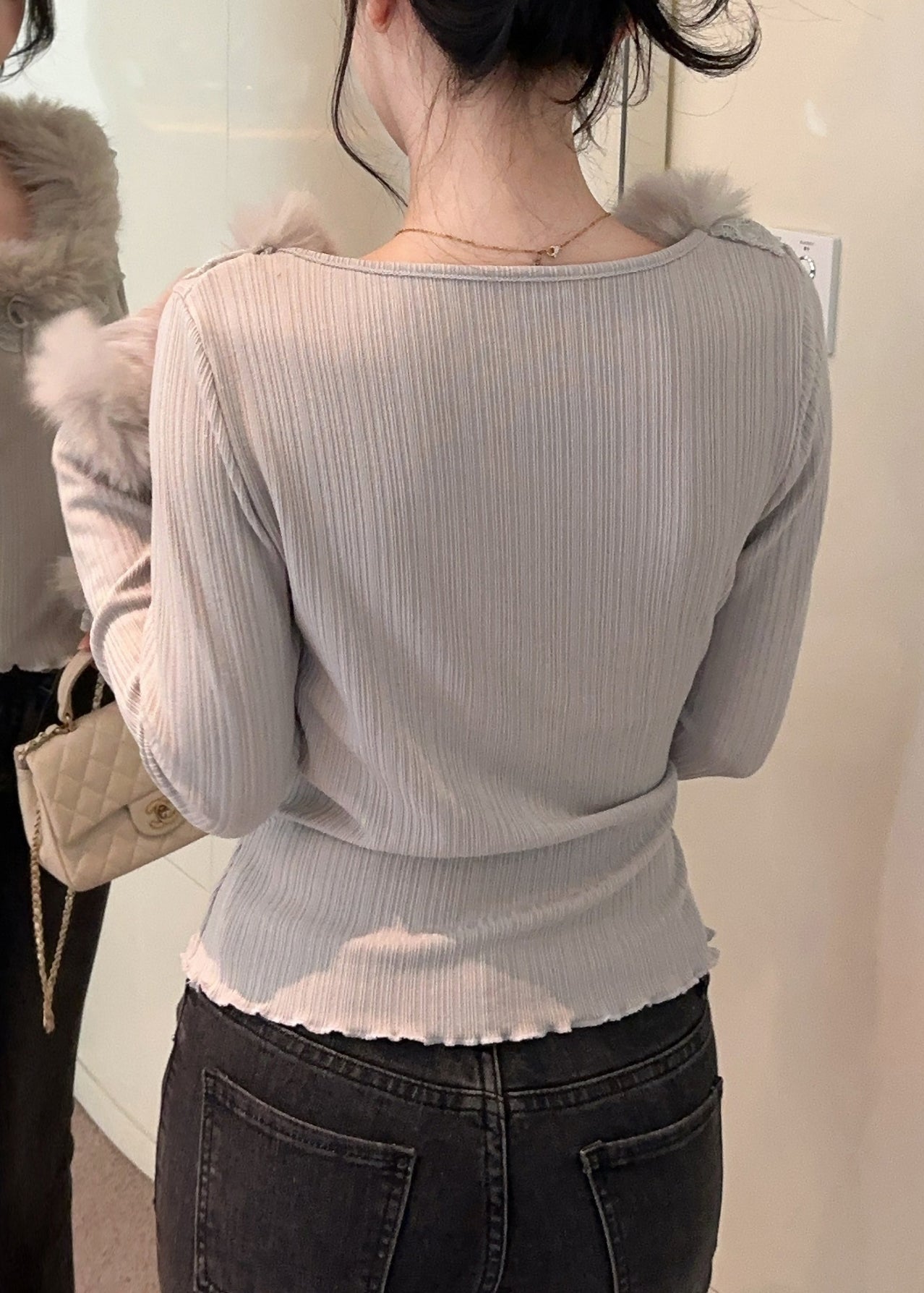 Slim Fit Grey Fur Collar Lace Patchwork Cotton T Shirt Winter