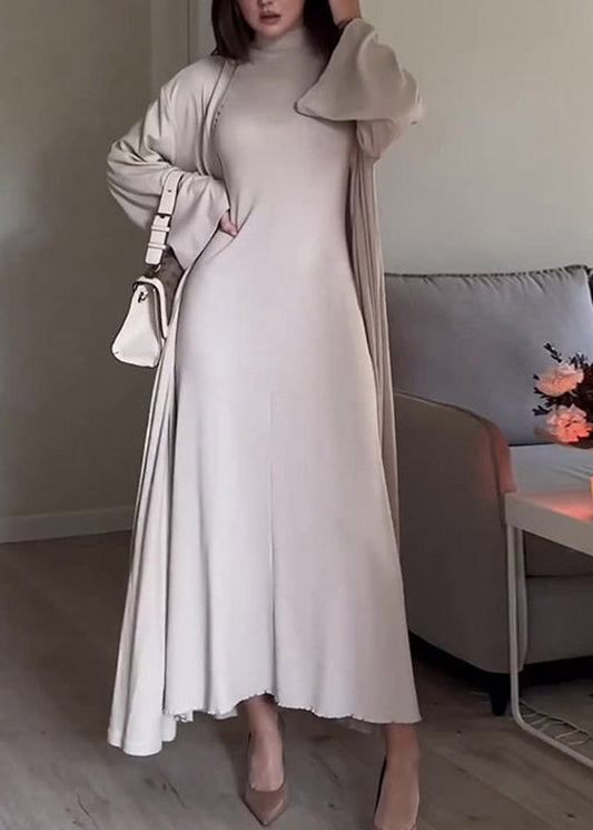 Slim Fit Grey Turtleneck Solid Cardigans And Long Dress Two Piece Set Fall