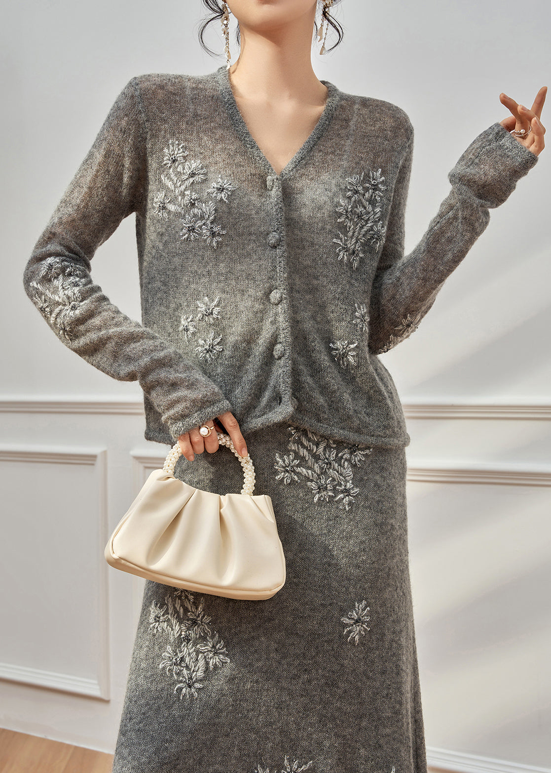 Slim Fit Grey V Neck Embroidered Button Knit Two Pieces Set Fall