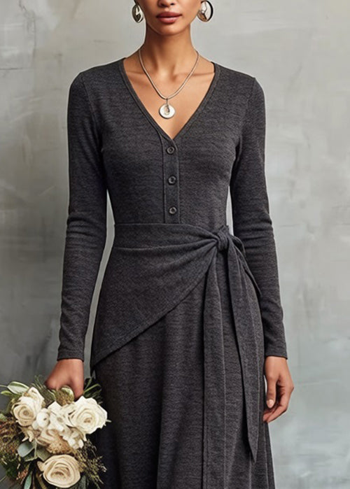 Slim Fit Grey V Neck Tie Waist False Two Pieces Knitting Cotton Dress Spring