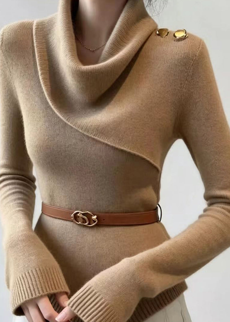 Slim Fit Khaki Cowl Neck Asymmetrical Knit Sweater Fall