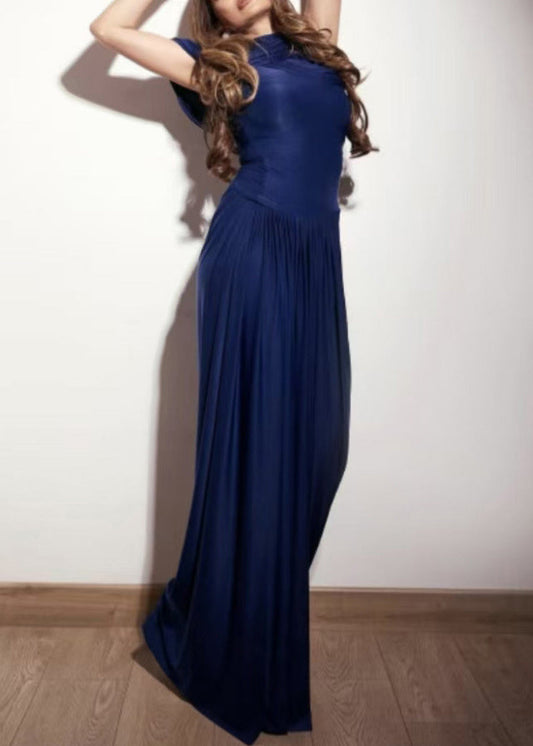 Slim Fit Light Blue Wrinkled High Waist Solid Cotton Maxi Dresses Summer