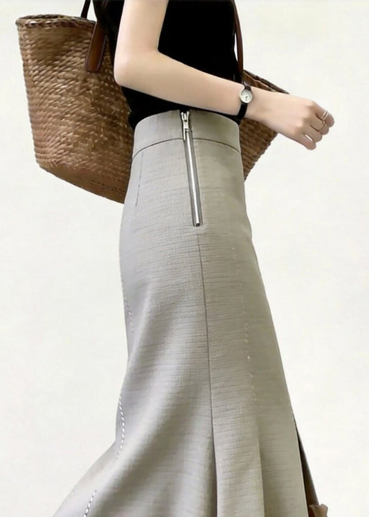 Slim Fit Light Grey Ruffled Side Zipper High Waist Mermaid Skirts Fall
