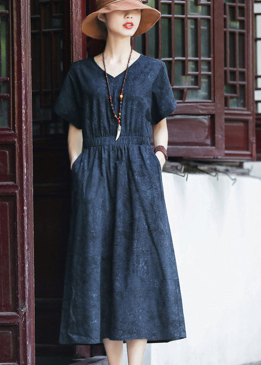 Slim Fit Navy Cinched Elastic Waist Pockets Cotton Dresses Short Sleeve