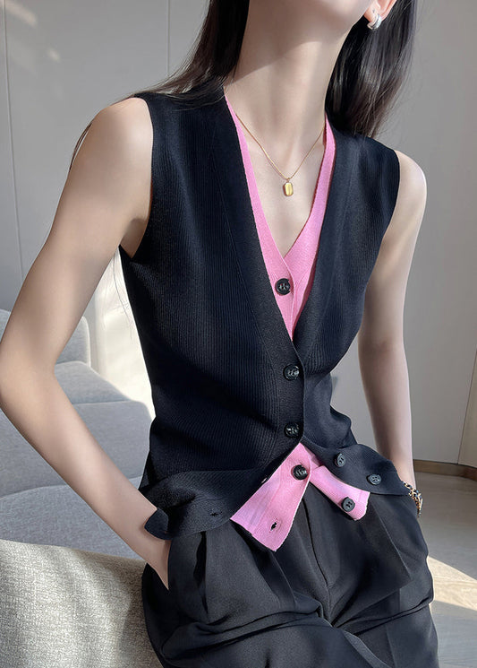 Slim Fit Navy V Neck Button False Two Pieces Knit Vest Sleeveless