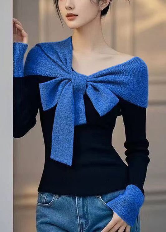 Slim Fit Orange Bow False Two Pieces Patchwork Knit Sweaters Fall