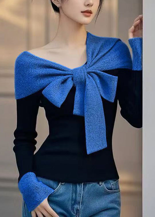 Slim Fit Orange Bow False Two Pieces Patchwork Knit Sweaters Fall