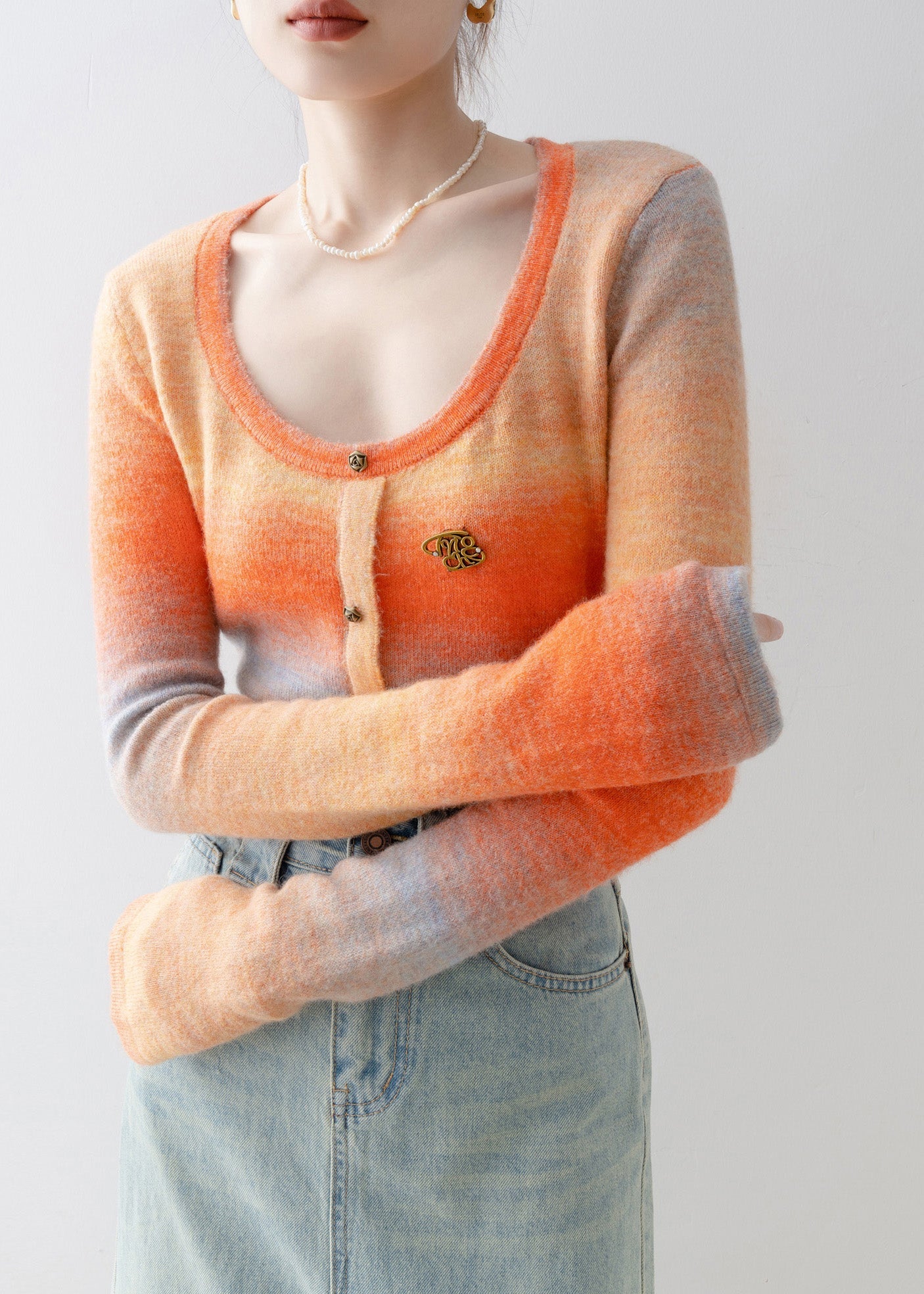 Slim Fit Orange O-Neck Knit Sweaters Spring