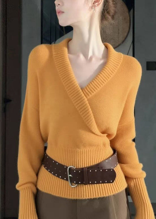 Slim Fit Orange V Neck Cozy Knit Sweater Spring