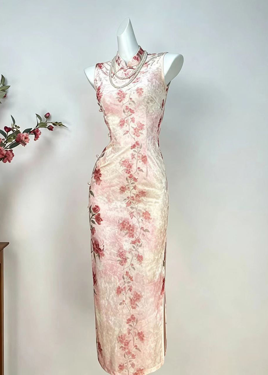 Slim Fit Pink Mandarin Collar Floral Dress Sleeveless