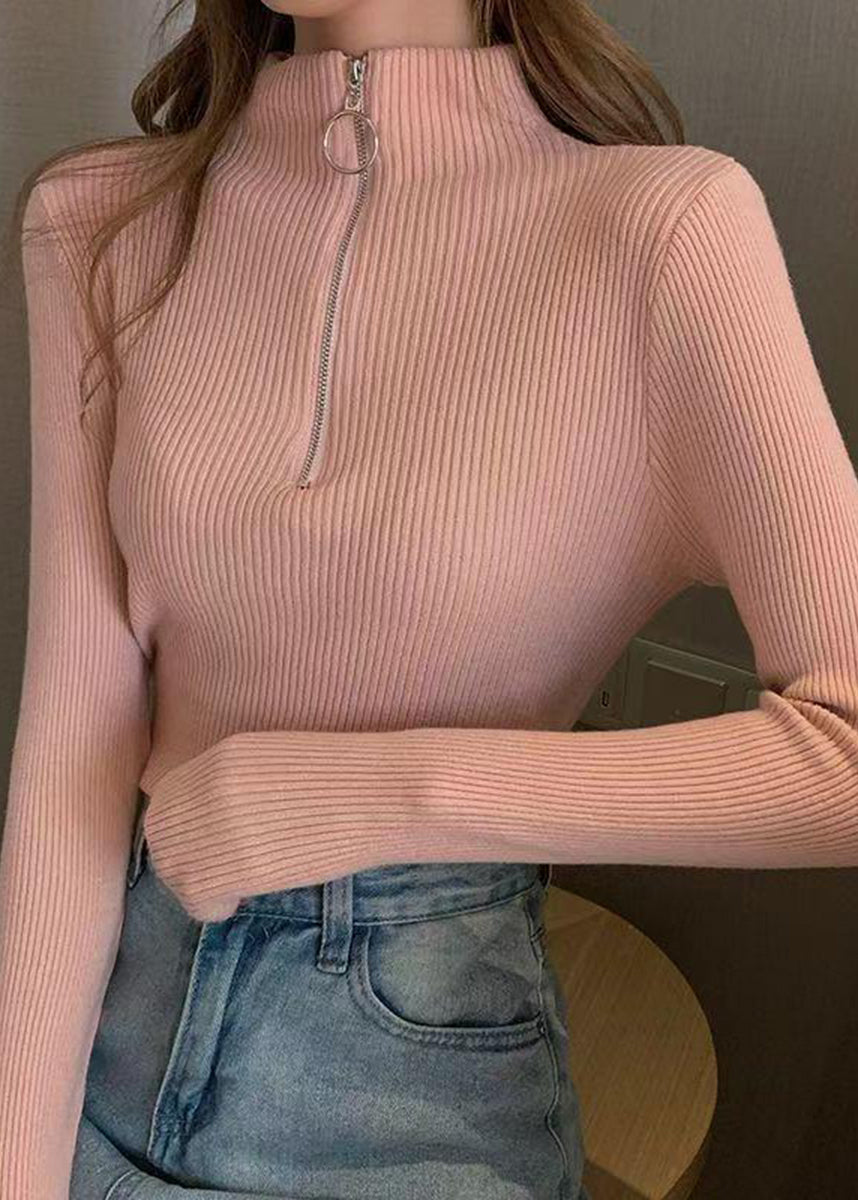 Slim Fit Pink Mock Nece Zip Up Knit Sweater Tops Fall