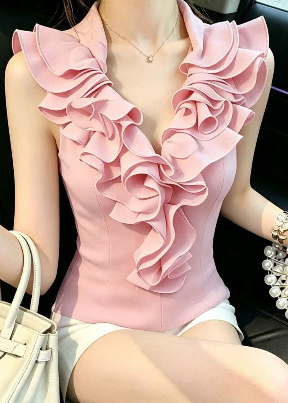 Slim Fit Pink V Neck Ruffled Tops Sleeveless