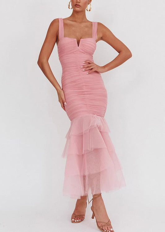 Slim Fit Pink Wrinkled Tulle Patchwork Long Dress Sleeveless