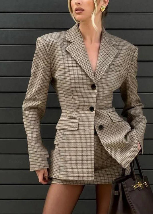 Slim Fit Plaid Button Coats And Skirts Two Piece Set Flare Sleeve