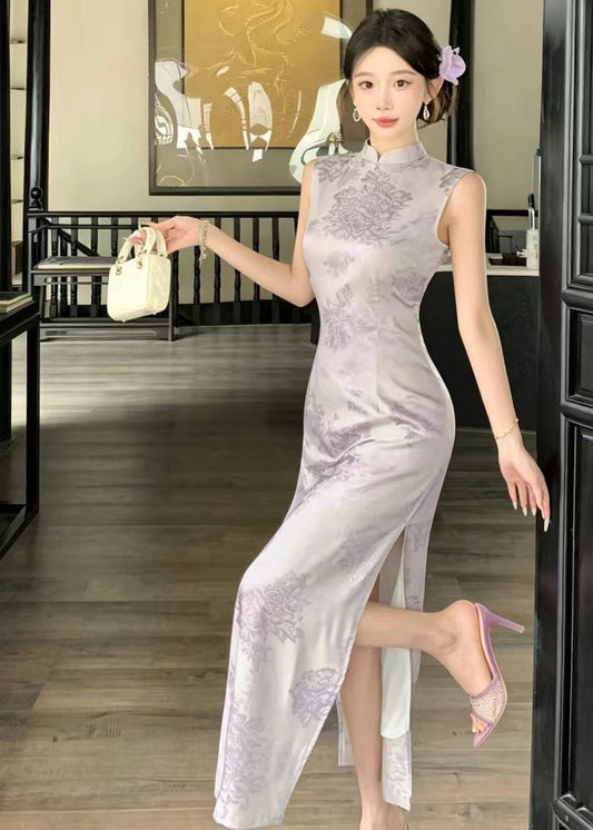 Slim Fit Purple Mandarin Collar Side Open Dress Sleeveless