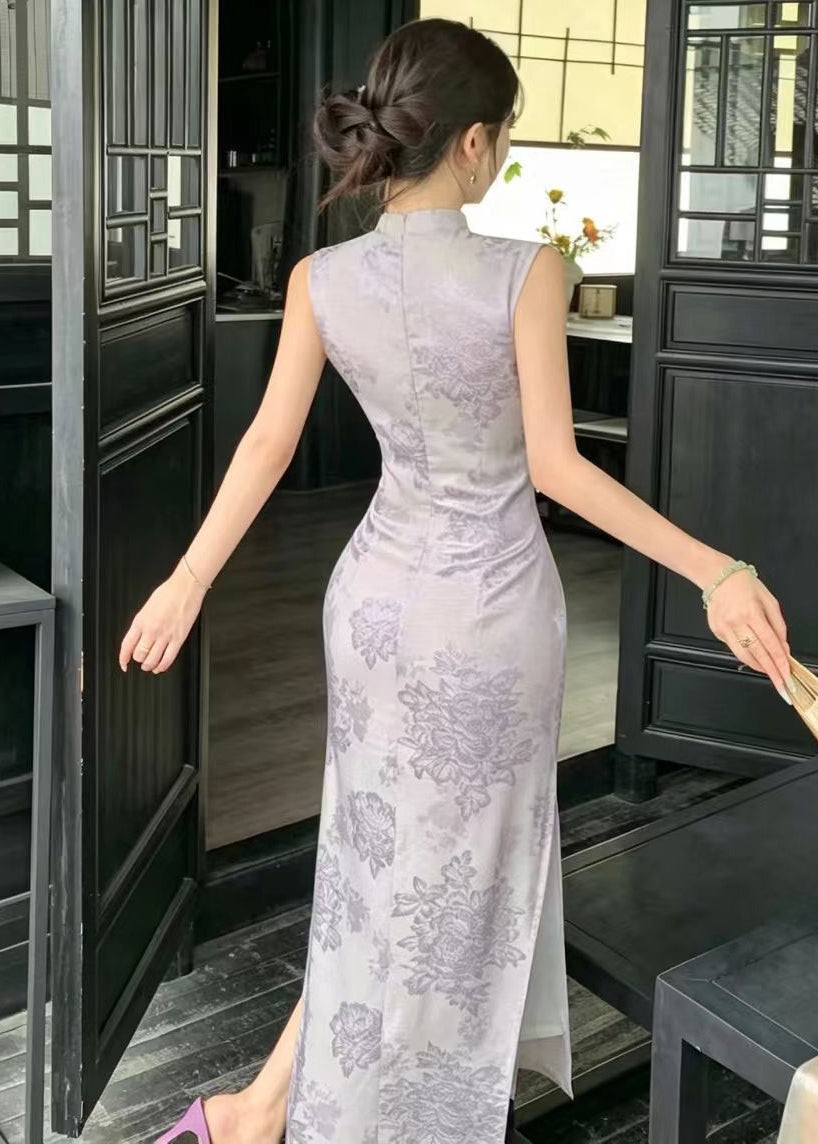 Slim Fit Purple Mandarin Collar Side Open Dress Sleeveless