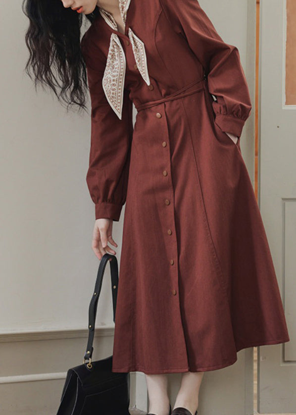 Slim Fit Red Bow Button Pockets Maxi Dress Spring