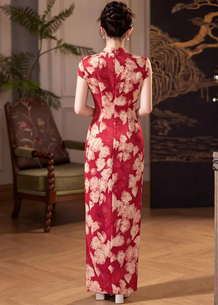 Slim Fit Red Print Mandarin Collar Chinese Buttons Side Open Dresses Summer