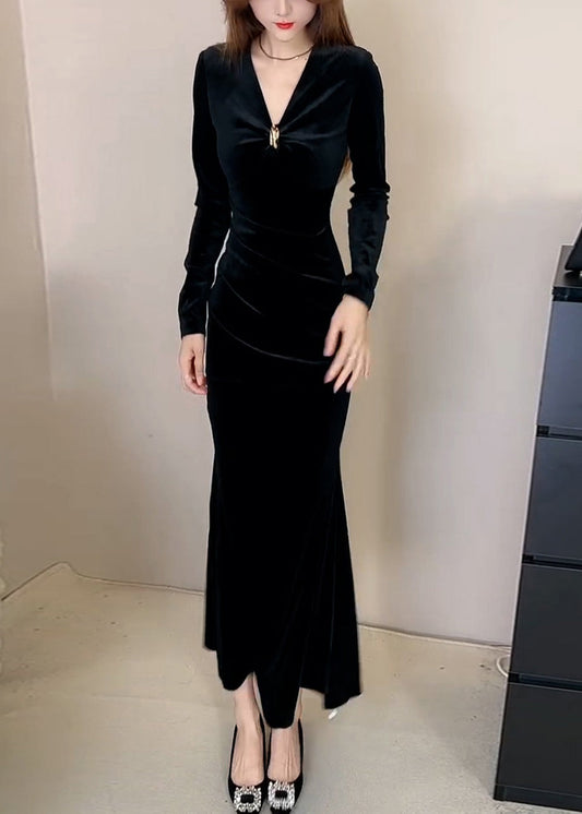 Slim Fit Red V Neck High Waist Silk Velvet Long Dress Winter