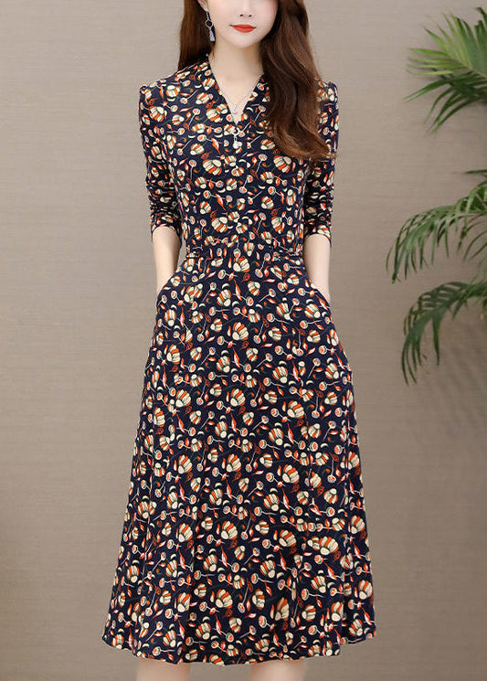 Slim Fit Red V Neck Print Long Dress Long Sleeve