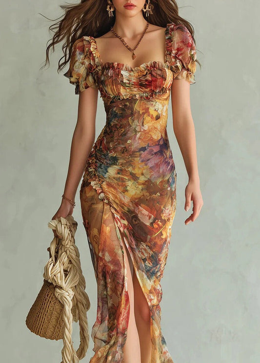 Slim Fit Square Collar Print Side Open Long Dress Summer