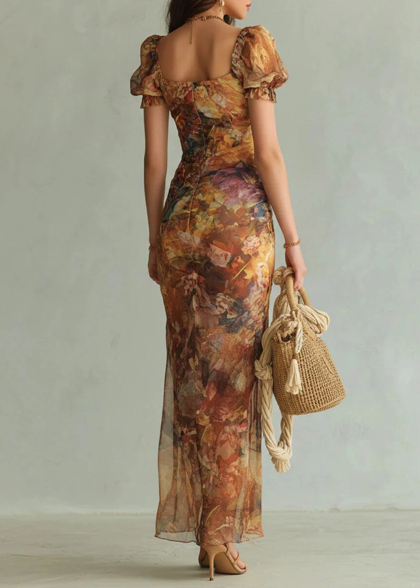 Slim Fit Square Collar Print Side Open Long Dress Summer