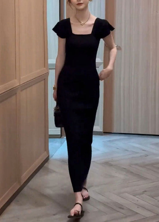 Slim Fit Square Collar Striped Pockets Cotton Long Dresses Summer