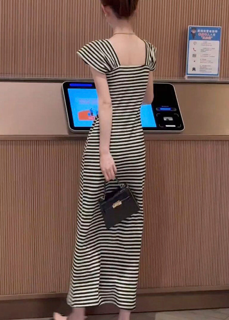 Slim Fit Square Collar Striped Pockets Cotton Long Dresses Summer