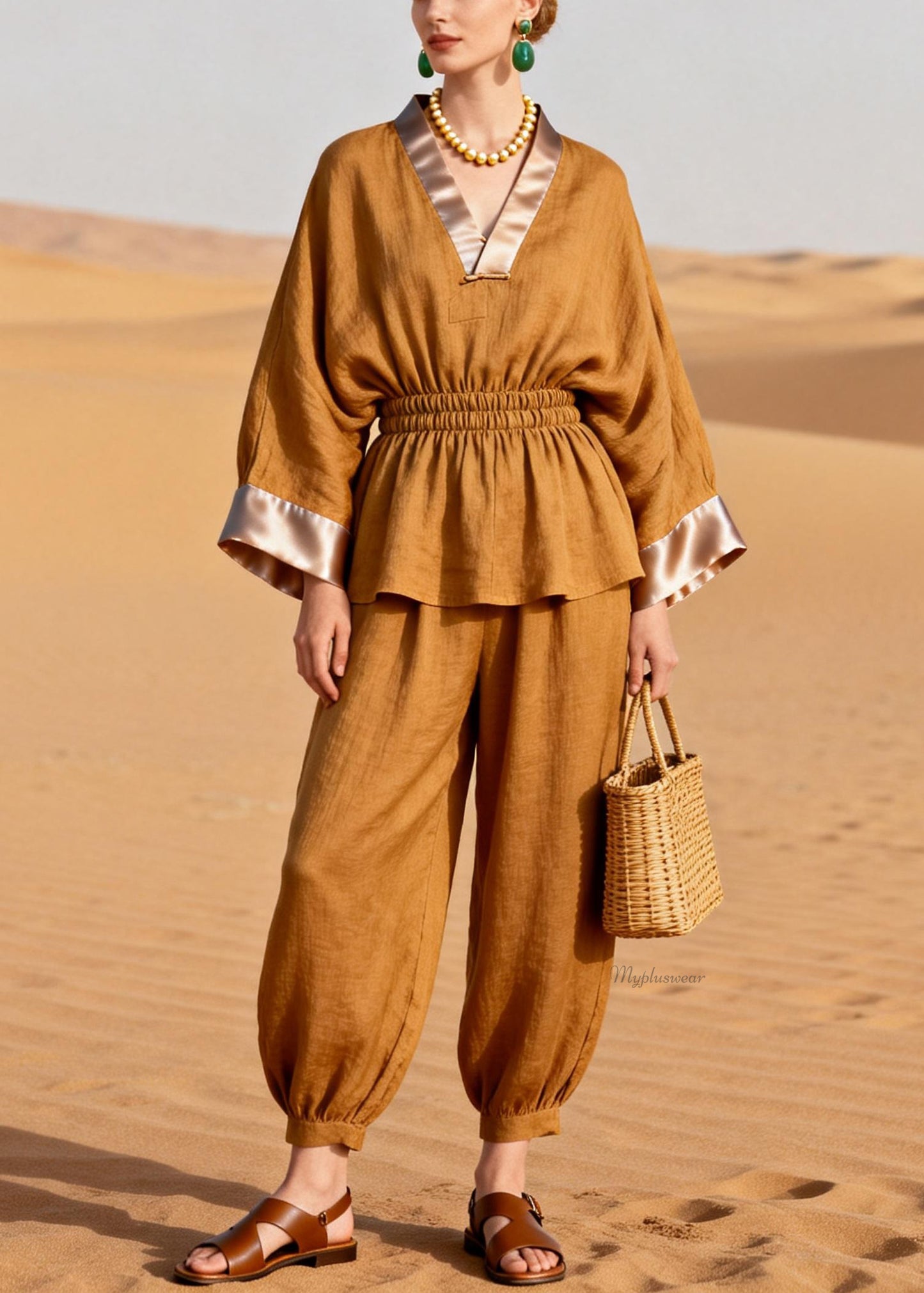 Slim Fit V Neck Elastic Waist Silk Patchwork Two Pieces Set Spring