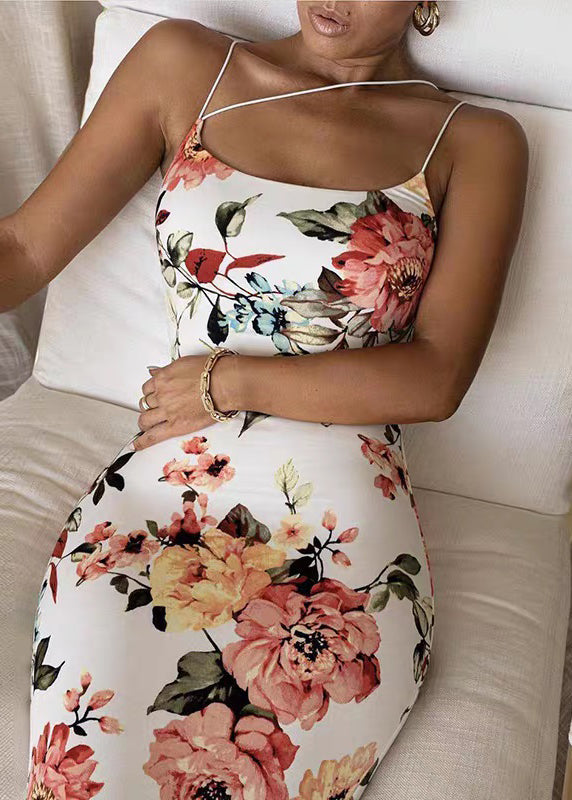 Slim Fit White Cold Shoulder Print Cotton Spaghetti Strap Dress Sleeveless