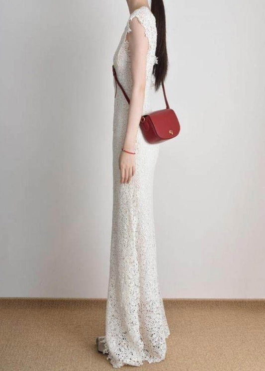 Slim Fit White Holiday Lace Long Dress O-Neck Short Sleeve